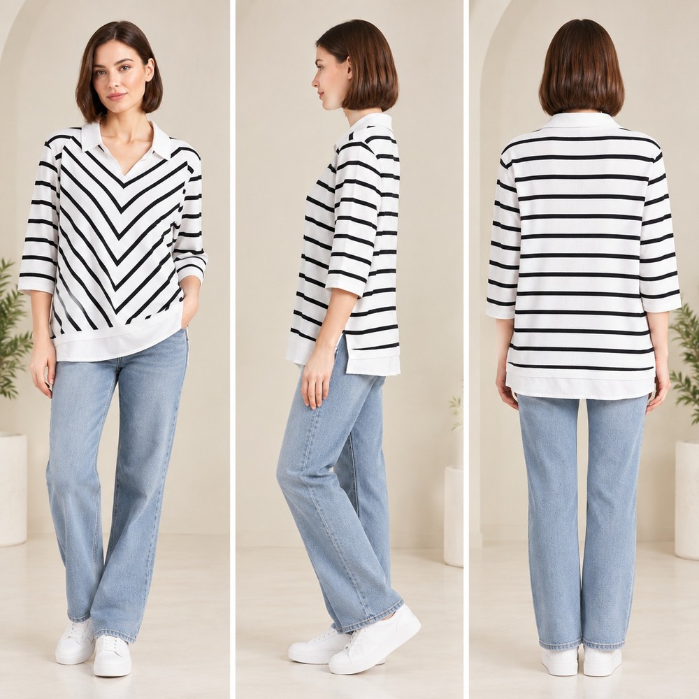 Chico's Collared Shirt Sweater Womens XL White Black Striped Classic 3/4 Sleeve